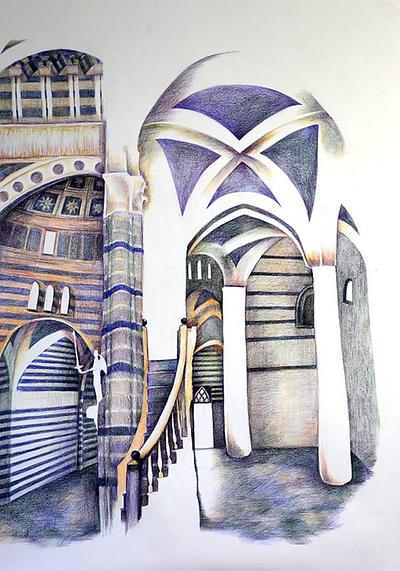 Monika Lafer: Kircheninnenraum (Dom zu Siena), 2022, 80 x 60 cm, Buntstift auf Papier