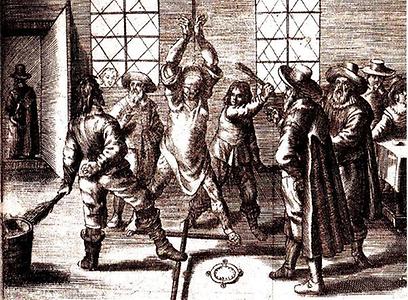 Folter einer Hexe in einem zeitgenössischen Kupferstich
