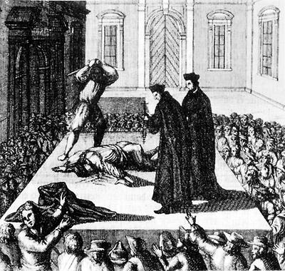 Die Hinrichtung von Graf Tattenbach am 1. Dezember 1671 im Grazer Rathaus. Kupferstich von 1672