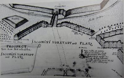 Jakominiplatz 1843, links von der Mariensäule standen damals schon Verkaufsstände, rechts der 'Neuhof' von Caspar Jakomini