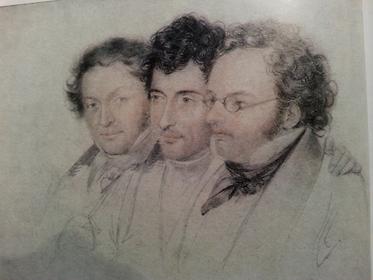 J.B. Jenger, A. Hüttenbrenner und F. Schubert (von links) in einem Aquarell von Joseph E. Teltscher