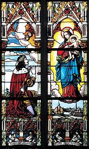 Neuzeit: Glasfenster in der Pfarrkirche Breitensee in Wien XIV. Kaiser Leopold I. (1640–1705) betet zu Maria für seine Residenzstadt Wien. Foto: © Herbert Stöcher/Pfarre Breitensee