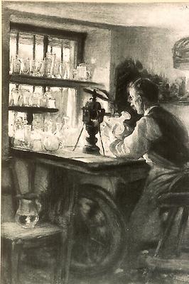 Glasschleifer bei der Arbeit, Grafik um 1900