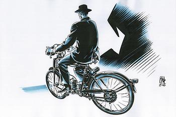 Die Dreißiger-Jahre: Moped-Vorläufer Puch Styriette, laut Werbung „Das motorisierte Fahrrad“. (Graphik: Chris Scheuer)