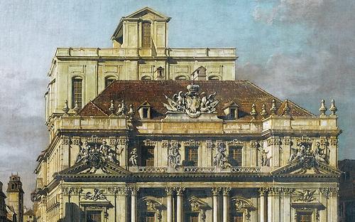 Die Wiener Universitätssternwarte auf dem Dach der Neuen Aula (heute Sitz der Österreichischen Akademie der Wissenschaften): Ausschnitt aus einem Bild von Canaletto (1758/61)
