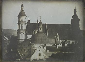 Blick vom Wetterturm am Haus Bürgergasse 13 zur Stadtkrone in Graz, 2. Oktober 1840, Daguerreotypie, 11,5 x 15,5 cm. Spiegelverkehrte Darstellung