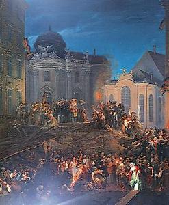 Revolution 1848: Die Barrikade auf dem Michaelerplatz in der Nacht vom 26. auf den 27. Mai 1848. Gemälde von A. Ziegler, 1848 (Historisches Museum der Stadt Wien)., © Copyright Historisches Museum der Stadt Wien, für AEIOU.