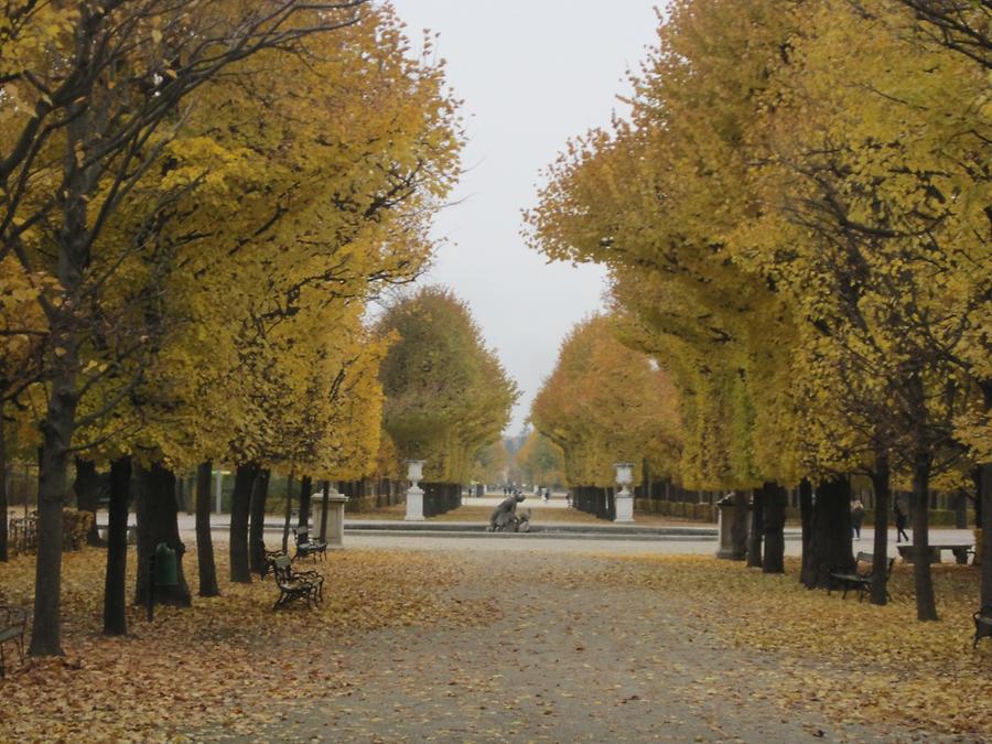 Lindenallee mit Rundbassin im Herbst