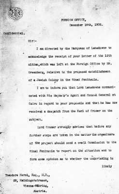 Vertraulicher Brief des Foreign Office an Theodor Herzl, © IMAGNO/Christian Brandstätter Verlag