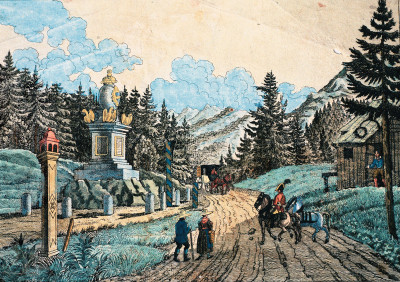 Gränzstein am Semmering, Kolorierte Lithographie, © IMAGNO/Gerhard Trumler