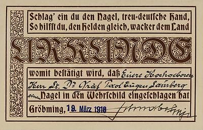 Offizielle Bestätigung für das Einschlagen eines Nagels in den Wehrschild, © IMAGNO/Archiv Jontes