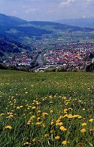 Blick vom Schlegelbauer am Pischkberg, (Fundstelle des Steinbeiles) auf Bruck an der Mur