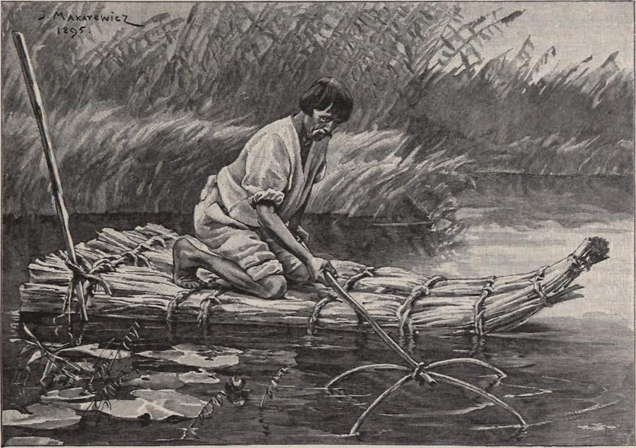 Illustration Fischdieb auf Rohrfloß