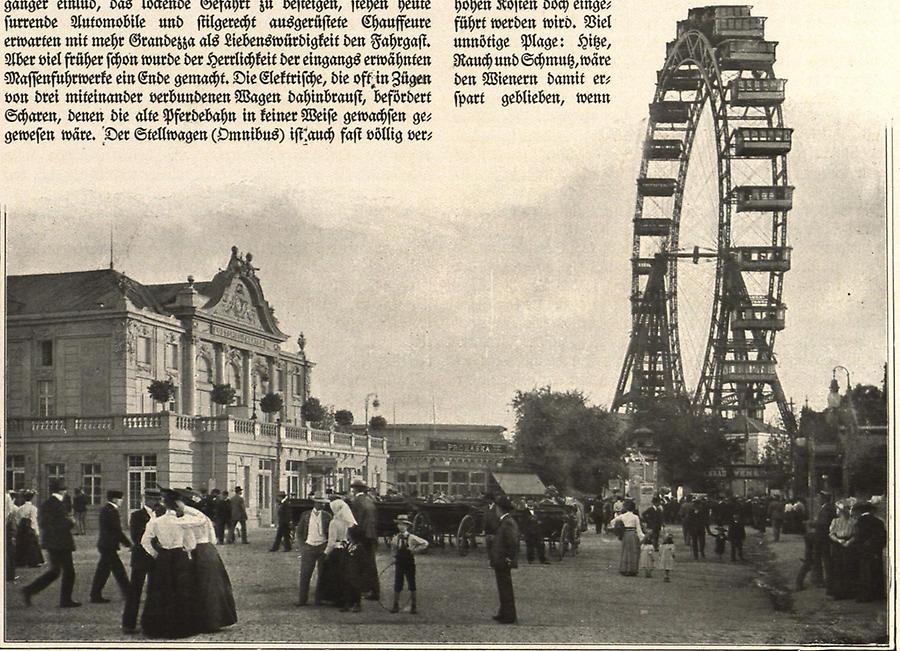 Illustration Eingang zum 'Wurstelprater' mit Lustspieltheater und Riesenrad