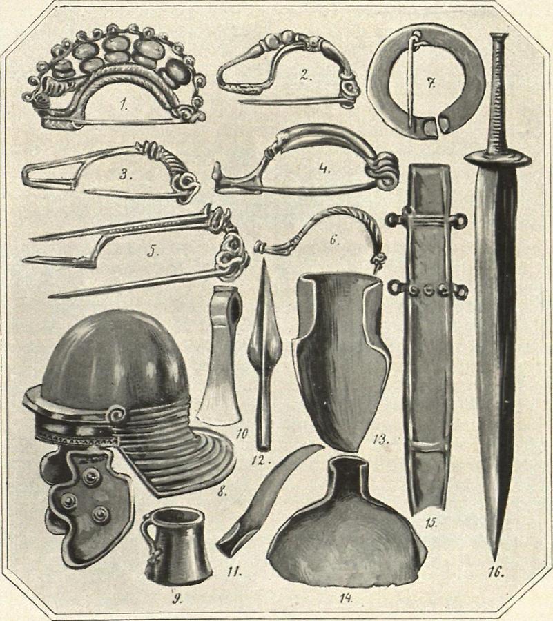 Illustration Waffen und Schmuckstücke aus Keltengräbern der Spät-La-Tene-Periode, gefunden in Idria bei Baca im Küstenlande.-1.-6. Bronzefibeln, 7. Ringschnalle aus Bronze, 8. Bronzehelm römisch-italischer Form, 9. Kännchen aus Bronze, 10. Eisenbeil mit Stielloch, 11. Eisenmesser beim Feldbau verwendet, 12. Eiserne Langenspitze, 13. Pflugschar aus Eisen, 14. Schaufel, 15 und 16. La Tene-Schwert mit Scheide. Nach M Hoernes: 'Natur- und Urgeschichte des Menschen'