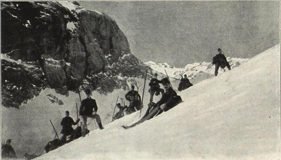 Illustration Felsen des Bratschenkopfs Im Hintergrunde Aufstieg zum ewigen Schnee der Übergossenen Alpe