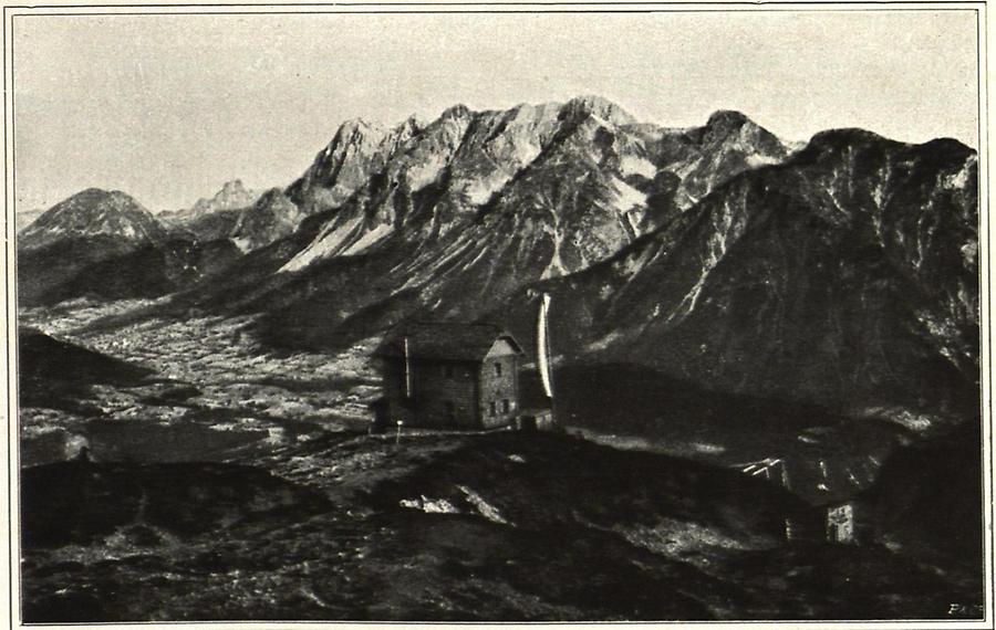 Illustration Kaiser Franz Josef I. Jubiläums-Schutzhütte am Kaibling-Haus Rettenstein, Bischofsmütze, Dachstein-Gruppe