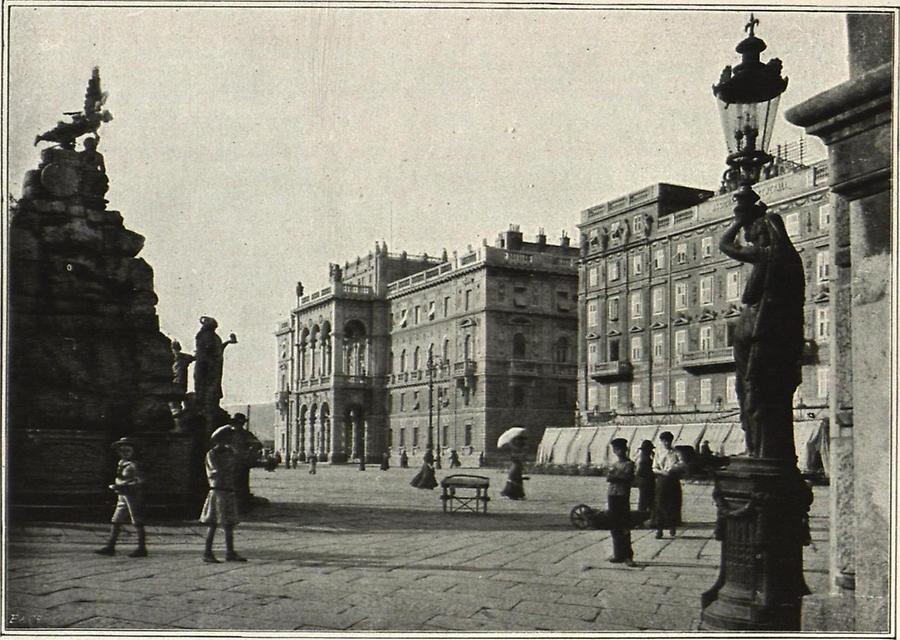 Illustration Triest: Piazza Grande mit Statthalterei und Springbrunnen der Theresianischen Wasserleitung