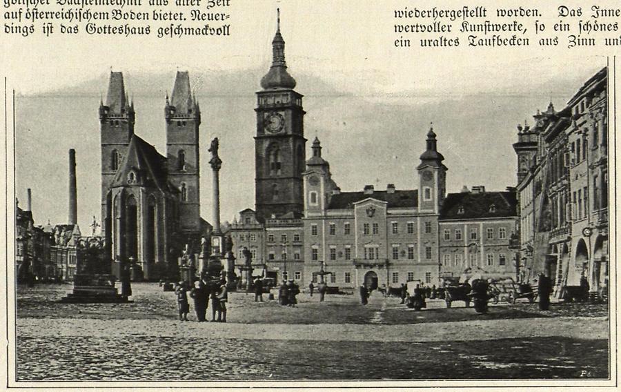 Illustration Königgrätz: Ringplatz mit Kathedrale, Mariensäule und Weißem Turm