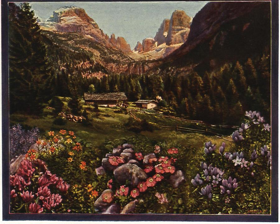 Illustration Blick von der Kaiserin Friedrich-Promenade bei Madonna di Campiglio auf den Crozzon und die Felstürme der Brenta-Gruppe