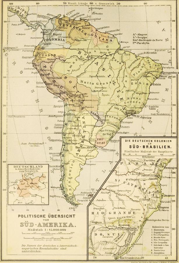 Illustration Politische Übersicht von Südamerika, Deutsche Kolonien in Süd-Brasilien