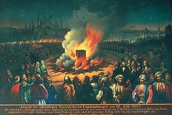 Öffentliche Feuerprobe mit einer Kassa der Firma F. Wertheim aus Wien am 10. Juli 1857 in Konstantinopel. Gemälde, © Privatbesitz, für AEIOU