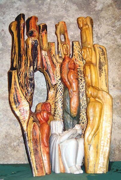 'Weihnachtskrippe' (2000) Lindenholz gebatikt; 96 cm