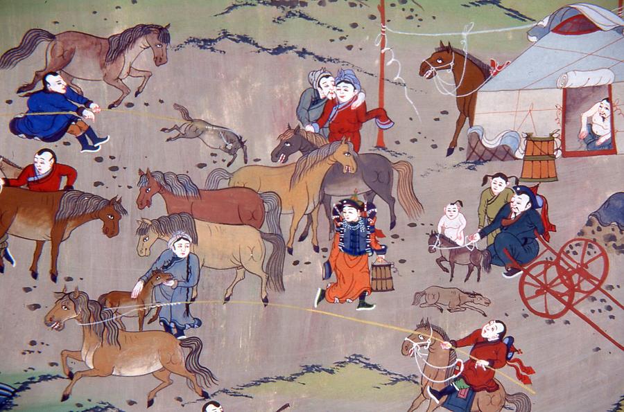 People and horses in mongolian folks art