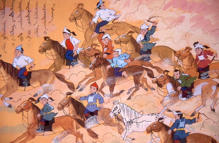 People and horses in mongolian folks art