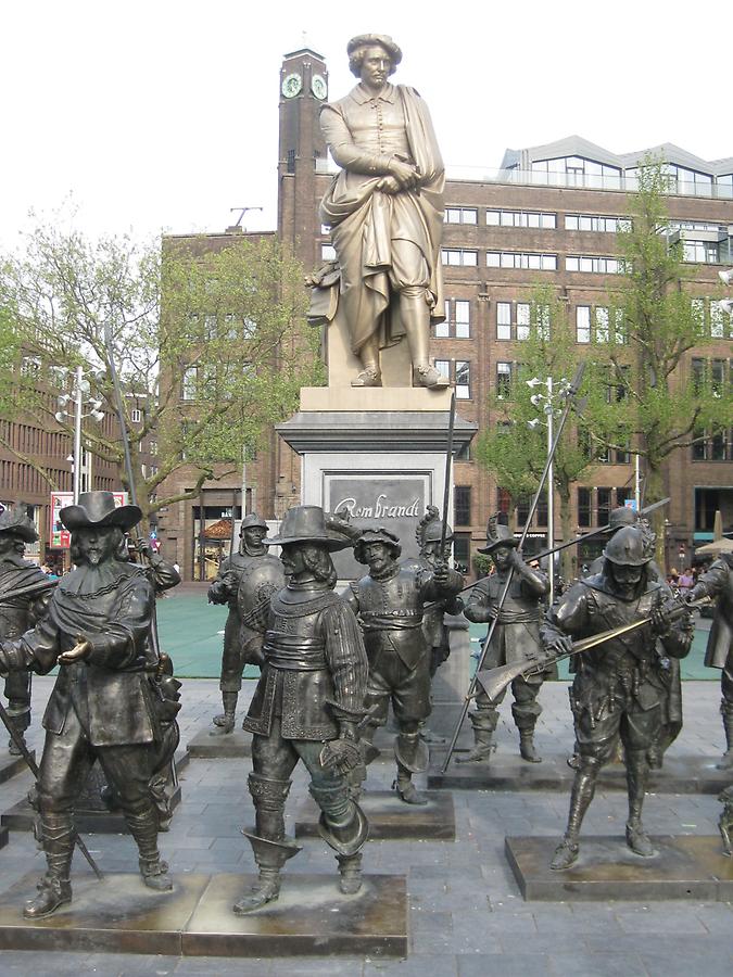 Amsterdam - Monument of Rembrandt with &#39;The Night Watch&#39;