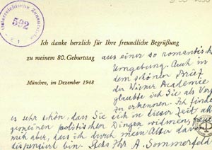 Dankeskarte von Arnold Sommerfeld an Hans Thirring anlässlich seines 80. Geburtstages, 1948