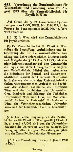 Errichtungserlass über die 'Zentralbibliothek für Physik in Wien', 1979