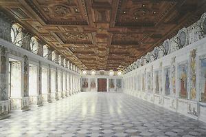 Blick in den „Spanischen Saal', einem der bedeutendsten Bauteile von Schloss Ambras: Dem massiger Bauwiirfeldes Hochschlosses wurde in den Jahren 1570/71 ein Festsaal, später,Spanischer Saal' genannt, vorgelagert.