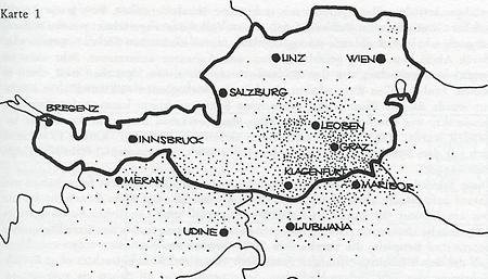 Die Punktierung gibt die Verbreitung von Lüftungsgittern aus Ziegeln an landwirtschaftlichen Gebäuden an, wobei die Dichte der Punkte in etwa der Häufigkeit des Auftretens von Ziegelgittern entspricht