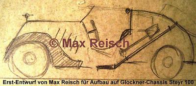 Handskizze von Max Reisch aus dem Jahr 1934, deren Verwendung uns Peter Reisch für diesen, aber keinen anderen Zweck erlaubt hat. Ein Beleg für die Urheberschaft des Fahrzeugaufbaus. (Foto: Sammlung Max Reisch)