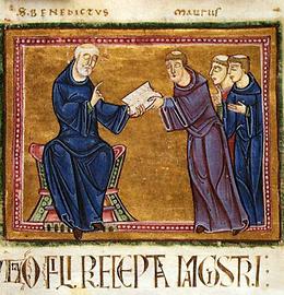 Hl. Benedikt übergibt seine Regel an seinen Nachfolger Maurus, Buchmalerei
