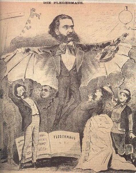 Johann Strauß Sohn als Fledermaus, Karikatur im Kikeriki, 1874