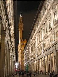 Das lange Gebäude rechts Uffizien, entworfen von Giorgio Vasari, nächtliches Florenz