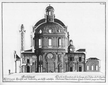 Durchschnitt durch die Karlskirche, aus 'Entwurff Einer Historischen Architectur' Johann Bernhard von Fischer von Erlach; Kupferstich, 1721