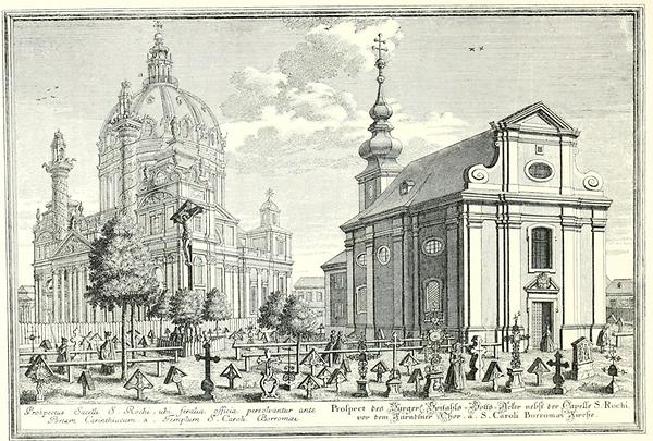 Bürgerspitalsgottesacker mit Kapelle S. Rochi. Im Hintergrund links S. Caroli Borromäus Kirche, Kupferstich, 18. Jahrhundert