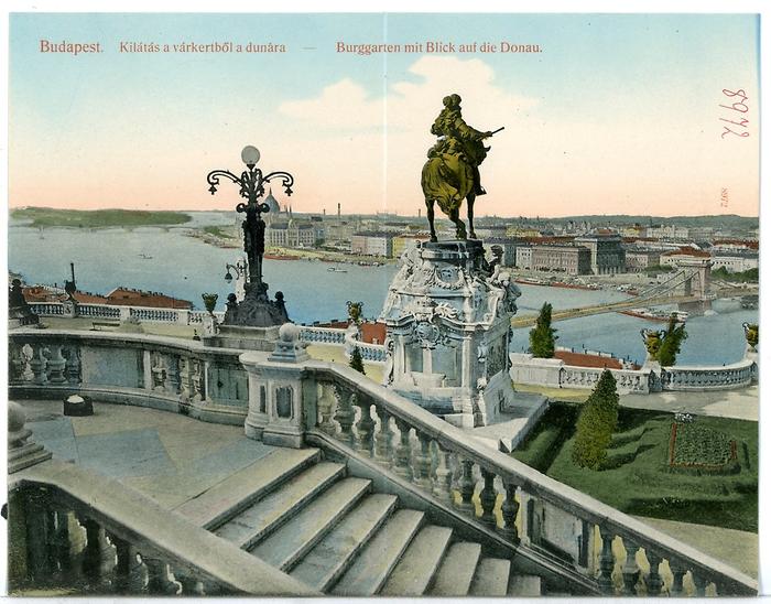 Burggarten, Prinz-Eugen-Denkmal, Blick über die Donau. Kolorierte Ansichtskarte, 1907 - Foto: Brück & Sohn Kunstverlag Meißen - CC0 1.0, Wikimedia Commons - gemeinfrei