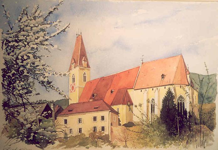 Bild 'Spitz,_Pfarrkirche_mit_Blütenbaum_2000-30_'