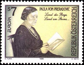 sterreichische Sonderpostmarke mit Bundeshymnendichterin Paula von Preradovic, 1996.