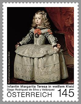 Briefmarke, !Velázquez – Infantin Margarita Teresa in weißem Kleid