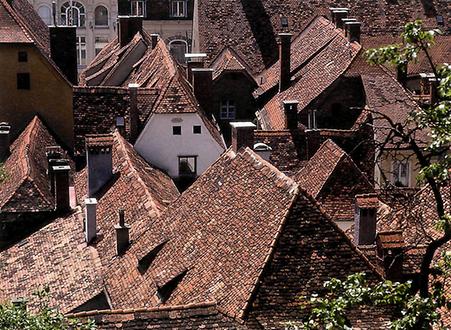 Dächer unterhalb des Grazer Schlossberges. Es finden sich in diesen Ziegelbiberschwanzdeckungen immer noch Ziegel aus der Zeit der Spätgotik.
