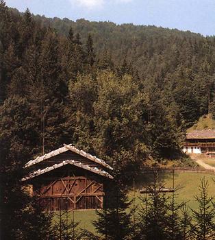 Das Wirtschaftsgebäude des „Wegleithofes' mit einer Fassadengliederung, die sich aus der Konstruktion ergibt; aus St. Walburg im Südtiroler Ultental., © Hasso Hohmann