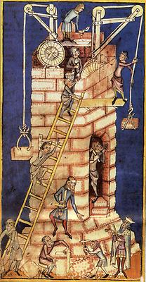 Der 'Turmbau von Babel' aus einer Chronik von 1340/50 illustriert die mittelalterlichen Turmbau-Techniken, die auch beim Stephansdom zum Einsatz kamen., Foto: Zentralbibliothek Zürich