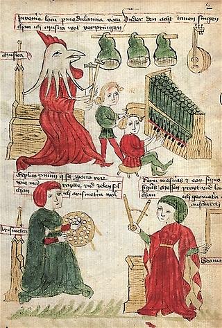 Darstellung der Studienfächer Musik, Arithmetik und Geometrie aus dem 15. Jahrhundert