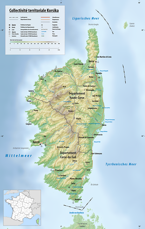 Reliefkarte von Korsika mit den zwei Departments.