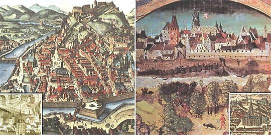 Die steirische Metropole 1481 (kl. Bild l.) und 1657 (gr. Bild l.). - Rechts: Wien um 1490 (gr. Bild; Achtung: Ansicht vermischt mit Rückblick auf Leitha-Schlacht 1246!) und 1649 (kl. Bild)., © Bilder: F. Zöhrer, Öst. Fürstenbuch, u.a. Wien o. J. (ca. 1898)/Merian-Stiche (17. Jh.)/Archiv